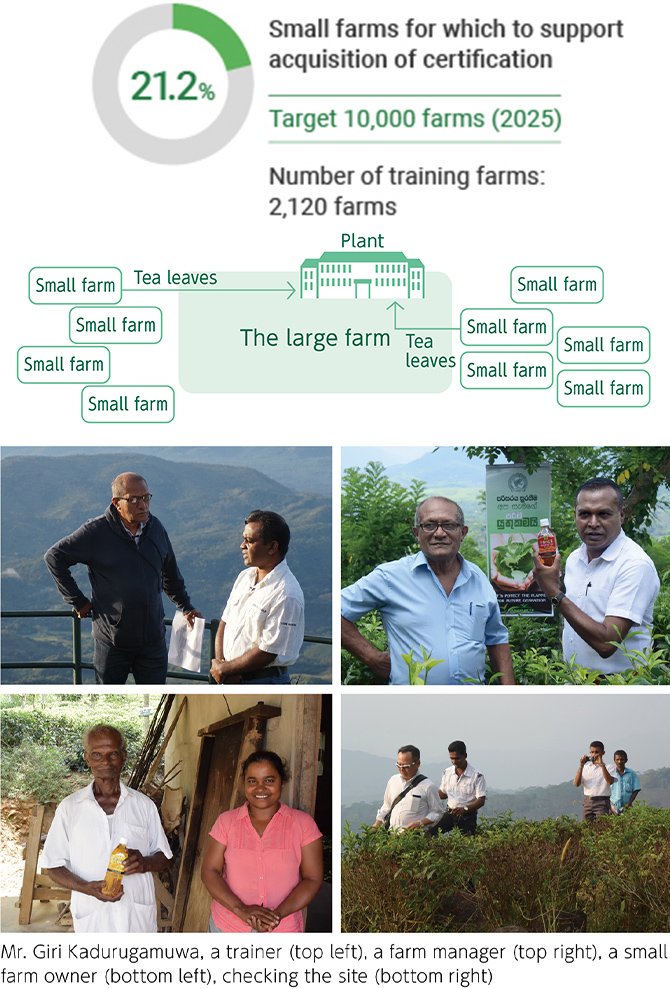 Figure: Small farms for which to support acquisition of certification,Mr. Giri Kadurugamuwa. a trainer (top left), a farm manager (top right), a small farm owner (bottom left). checking the site (bottom right)