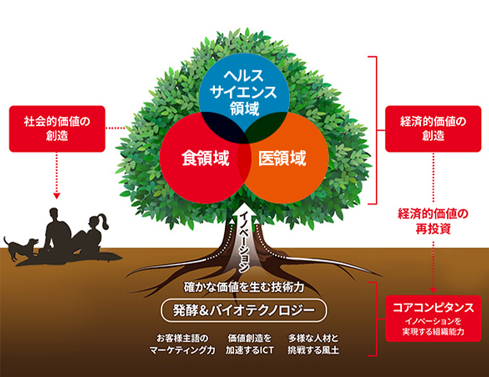 発酵・バイオテクノロジー、人財、ICT、マーケティングの4つの組織能力を基盤に、食・医・ヘルスサイエンスの各領域で価値を創出し、得られた経済的価値を再投資することで持続的成長を目指す価値創造のサイクルを表した図