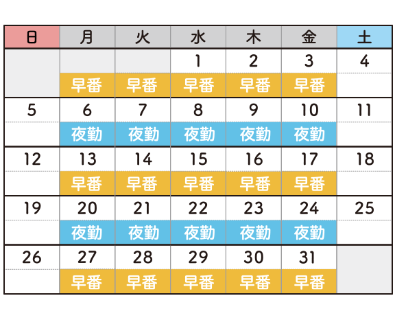 2交代シフト制の勤務例。1週目と3週目と5週目が早番。2週目と4週目が夜勤。