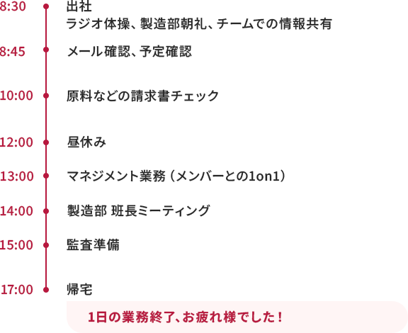 8時30分出社、8時30分～ラジオ体操、製造部朝礼、チームでの情報共有、8時45分～10時メール確認、予定確認、10時～原料などの請求書チェック、12時～昼休み、13時～マネジメント業務（メンバーとの1on1）、14時～製造部班長ミーティング、15時～監査準備、17時帰宅