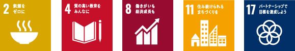 2 飢饉をゼロに 4 質の高い教育をみんなに 8 働きがいも経済成長も 11 住み続けられるまちづくりを 17 パートナーシップで目標を達成しよう