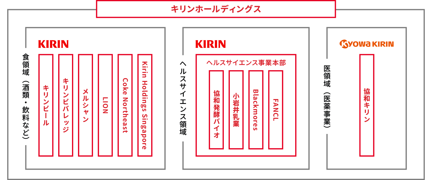 「食から医（健康）」にわたる幅広い領域で、グローバルに事業を展開。キリンホールディングス。食領域（酒類・飲料など）。キリンビール、キリンビバレッジ、メルシャン、LION、Coke Northeast、Kirin Holdings Singapore。ヘルスサイエンス領域。ヘルスサイエンス事業本部。協和発酵バイオ、小岩井乳業、Blackmores、FANCL。医領域（医薬事業）。協和キリン。