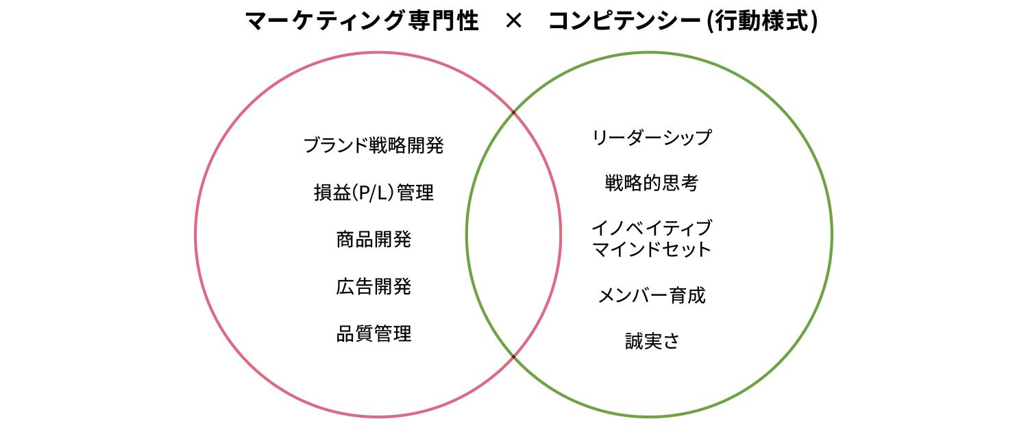 マーケティング専門性×コンピテンシー(行動様式)。マーケティング専門性。ブランド戦略開発、損益（P/L）管理、商品開発、広告開発、品質管理。コンピテンシー(行動様式)。リーダーシップ、戦略的思考、イノベイティブ、マインドセット、メンバー育成、誠実さ。