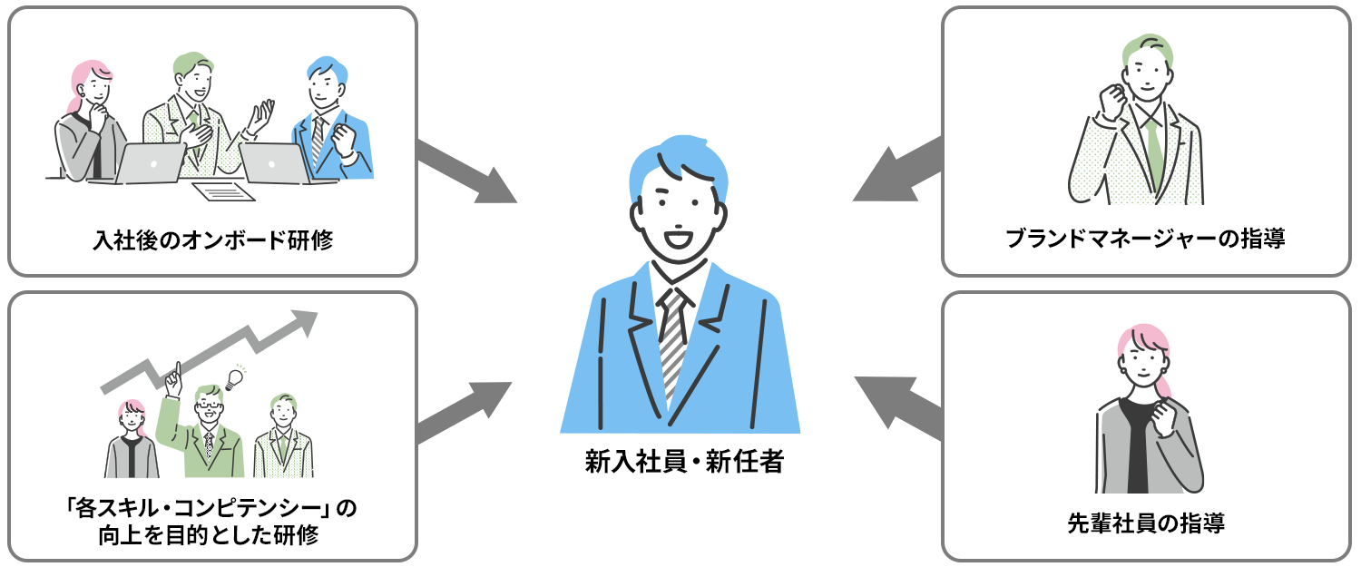 事業横断による大規模研修、ブランドマネージャーの指導、先輩社員の指導、各種研修→新入社員・新任者