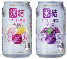 「キリンチューハイ 氷結やさしい果実の３％ ふわっと香るピンクグレープフルーツ」「キリンチューハイ 氷結やさしい果実の３％ ふわっと香る赤ぶどう」商品画像