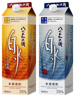 「八代不知火蔵 むぎ焼酎 白水 ２５度 1800ml紙パック」「八代不知火蔵 こめ焼酎 白水 ２５度 1800ml紙パック」商品画像