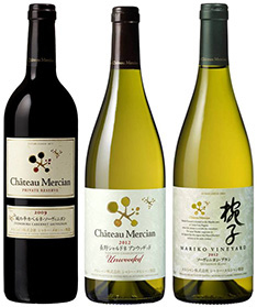 シャトー・メルシャン金賞受賞ワイン（左から）「城の平カベルネ・ソーヴィニヨン　2009」（赤）、「長野シャルドネ　アンウッデッド　2012」（白）、「マリコ・ヴィンヤード　ソーヴィニヨン・ブラン　2012」（白）