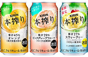 「キリン 本搾り™チューハイ オレンジ」「キリン 本搾り™チューハイ ピンクグレープフルーツ」「キリン 本搾り™チューハイ スウィーティー＜期間限定＞」商品画像