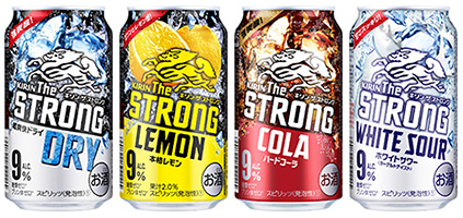 「キリン・ザ・ストロング 超爽快ドライ」「キリン・ザ・ストロング 本格レモン」「キリン・ザ・ストロング ハードコーラ」「キリン・ザ・ストロング ホワイトサワー」商品画像