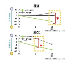 図2.L-シトルリン摂取が高値血圧の中高年における腰痛及び肩こりの自覚症状（摂取前からの変化量）に及ぼす改善効果