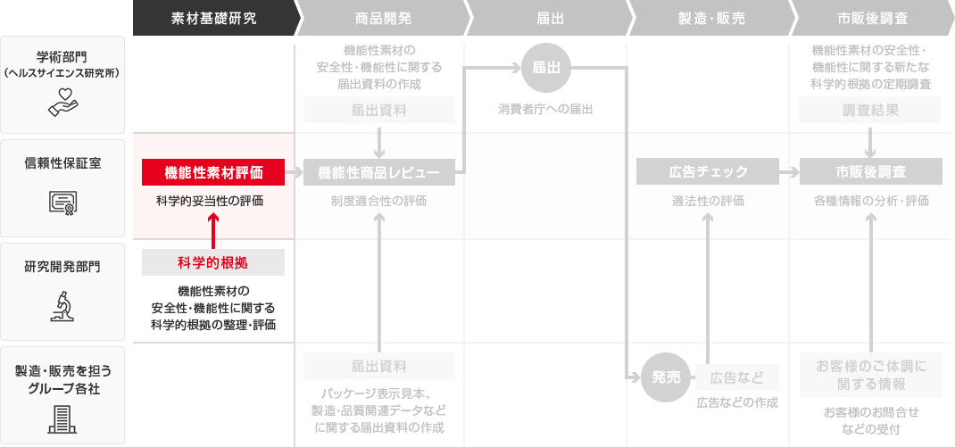 図：機能性表示食品の素材基礎研究から上市後まで