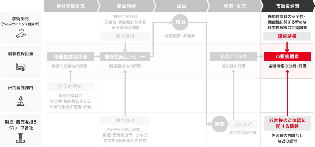 図：機能性表示食品の素材基礎研究から上市後まで